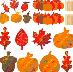 60 Pack Fall Harvest Scratch Art Crafts, DIY Rainbow Scratch Paper with Pumpkin Maple Leaf Acorn Designs and Ribbons for Thanksgiving Party Classroom Activities