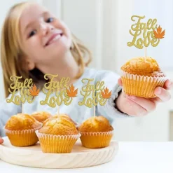 24 Pack “Fall in Love” Cupcake Toppers – Autumn Leaves Thanksgiving Cake Picks, Bridal Shower Wedding Engagement Birthday Party Cupcake Decorations & Dessert Table Supplies
