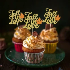 24 Pack “Fall in Love” Cupcake Toppers – Autumn Leaves Thanksgiving Cake Picks, Bridal Shower Wedding Engagement Birthday Party Cupcake Decorations & Dessert Table Supplies