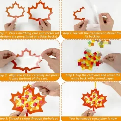 42 Pack Fall Leaf Suncatcher Craft Kit, Maple Leaf Tissue Paper Crafts for Kids, DIY Autumn Window Decorations with Frames, Transparent Stickers, Ribbons and 960 Tissue Paper Pieces for Classroom Thanksgiving Activities