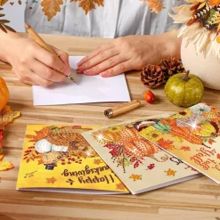 12 Pack Fall Thanksgiving Diamond Art Cards with Envelopes, 5D DIY Diamond Painting Greeting Cards with Rhinestones & Tools, Pumpkin Turkey Maple Leaf Handmade Cards, 5.9 x 5.9 Inch Holiday Craft Cards for Family & Friends