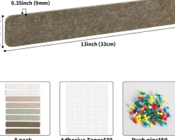 8 Pack Felt Cork Bulletin Board Tiles with 50 Push Pins, Self Adhesive Wall Organizer Strips for Notes Photos Schedules, Office Bedroom Classroom Home Decoration