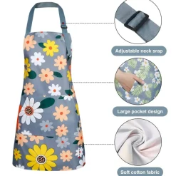3 Pack Floral Aprons with Pocket, Blooming Womens Aprons Waterproof Adjustable Cooking Aprons for Kitchen Gardening and Salon