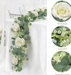 2 Pack 13 Ft Artificial Eucalyptus Garland with White Roses & Gypsophila, Faux Greenery Vine Floral Garland for Wedding Arch, Table, Wall, Fireplace, Home Party Indoor Outdoor Decoration