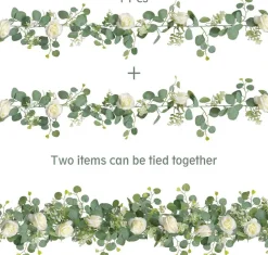 2 Pack 13 Ft Artificial Eucalyptus Garland with White Roses & Gypsophila, Faux Greenery Vine Floral Garland for Wedding Arch, Table, Wall, Fireplace, Home Party Indoor Outdoor Decoration