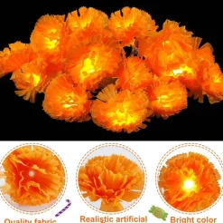 6-Pack 5FT Artificial Marigold Garland with 10 Warm LED Lights Each, Battery Operated Orange Flower Garlands for Diwali, Pooja, Indian Wedding, Day of the Dead & Party Decor