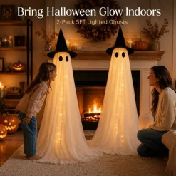 2 Pack 5 Ft Halloween Ghost Decorations Outdoor with Remote Timer, Light Up Glowing Ghosts with 8 Modes, Wind-Resistant Tripod Base & Double-Layer Fabric, Halloween Porch Yard Lawn Garden Decor