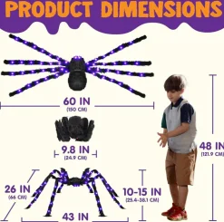 2 Pack 5 Ft Halloween Light Up Spider Decorations, Giant Black Spider with Purple LED Lights, Furry Adjustable Legs, Large Halloween Yard Props for Lawn Porch Garden Tree Indoor Outdoor Haunted House Decor