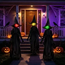 3 Pack 6FT Halloween Witch Decorations Outdoor with LED Lights, Light Up Witch Stakes for Yard Lawn Garden, Multicolor Halloween Yard Decor for Haunted House Party