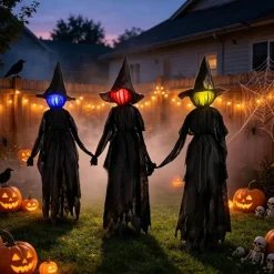 3 Pack 6FT Halloween Witch Decorations Outdoor with LED Lights, Light Up Witch Stakes for Yard Lawn Garden, Multicolor Halloween Yard Decor for Haunted House Party