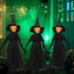 3 Pack 5 Ft Halloween Witches Decorations Outdoor, Light Up Holding Hands Witches with Glowing Faces, 8 Lighting Modes & 6-Hour Timer, Halloween Witch Stakes for Yard Garden Lawn Porch Haunted House
