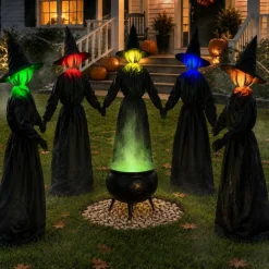 5 Pack 4.3 FT Light Up Halloween Witches Outdoor Decorations, Holding Hands Witch Circle with Color Changing Glowing Faces, Halloween Witch Yard Stakes for Lawn Garden Porch Haunted House