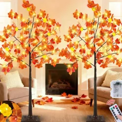 2Pack 4 Ft Prelit Lighted Fall Maple Tree 96LED