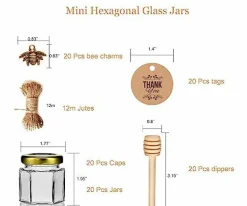 20 Pack Glass Honey Jars with Dipper - Gold Lids, Bee Pendants, Jutes, and Thank You Cards - Perfect for Baby Shower Favors, Wedding Favors, Party Favors