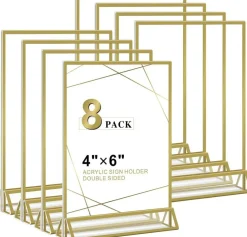8 Pack Gold Acrylic Sign Holder 4x6 Inch, Double-Sided Tabletop Display Stand, Clear Picture Frame Holder for Wedding, Vendor Booth, Office, Store & Party Signage