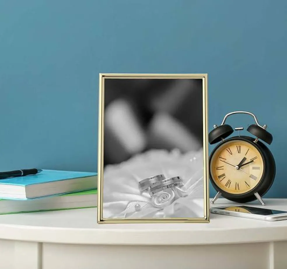 2-Pack Gold Metal 5x7 Picture Frames, Slim Modern Gold-Plated Photo Frames with Velvet Backing & Real Glass for Wall or Tabletop Display, Elegant Minimalist Home Decor Frames