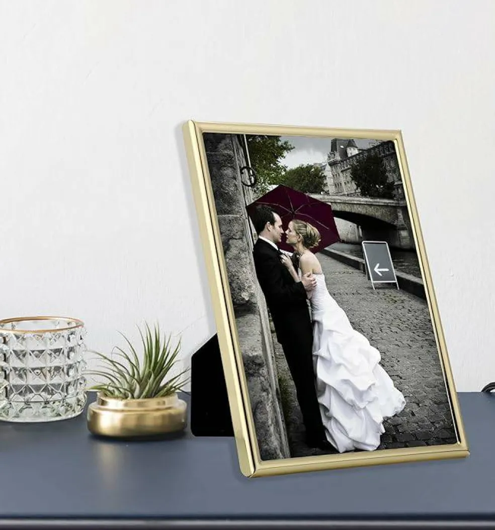 2-Pack Gold Metal 5x7 Picture Frames, Slim Modern Gold-Plated Photo Frames with Velvet Backing & Real Glass for Wall or Tabletop Display, Elegant Minimalist Home Decor Frames