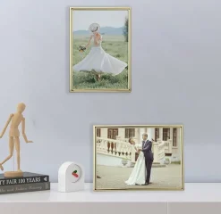 2-Pack Gold Metal 5x7 Picture Frames, Slim Modern Gold-Plated Photo Frames with Velvet Backing & Real Glass for Wall or Tabletop Display, Elegant Minimalist Home Decor Frames