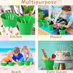 12 Pack Green Galvanized Metal Buckets with Handles, Mini Metal Pails for Party Favors, Candy Containers, Flower Pots, Halloween, Christmas, Easter Decorations & Craft Projects