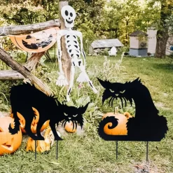 2 Pack Halloween Black Cat Yard Signs with Stakes, Metal Angry Cat Silhouette Lawn Decorations, Weatherproof Outdoor Halloween Decor for Garden, Yard, Lawn & Porch