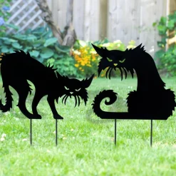 2 Pack Halloween Black Cat Yard Signs with Stakes, Metal Angry Cat Silhouette Lawn Decorations, Weatherproof Outdoor Halloween Decor for Garden, Yard, Lawn & Porch