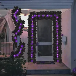 2 Pack Halloween Black Maple Leaf Garland with Purple LED Lights, 5.9FT Artificial Black Vine Garland for Fireplace, Mantel, Stairs, Door, Party, Thanksgiving Indoor Outdoor Decor