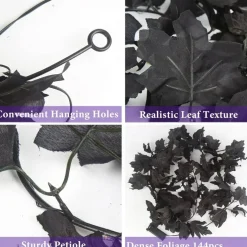 2 Pack Halloween Black Maple Leaf Garland with Purple LED Lights, 5.9FT Artificial Black Vine Garland for Fireplace, Mantel, Stairs, Door, Party, Thanksgiving Indoor Outdoor Decor