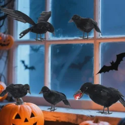 5-Pack Halloween Crows Decor Set – Realistic Black Feather Raven Props with Eyeball & Flying Pose for Indoor & Outdoor Spooky Halloween Decorations