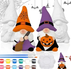 2 Pack Halloween Paint Your Own Gnome Statues, 4 Inch Unpainted Ceramic Gnome Figurines DIY Craft Kit with Acrylic Paints, Brushes & Palette, Pumpkin Spider Web Gnomes for Adults, Halloween Party Decor