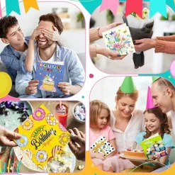 12 Pack Happy Birthday Diamond Painting Greeting Card Kits with Envelopes, DIY 5D Rhinestone Birthday Cards with Cake, Balloons & Gifts, Diamond Art Crafts for Adults, Family & Friends