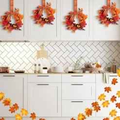 4 Pack 9 Inch Fall Mini Maple Leaf Wreaths with Berries and Rustic Bow, Thanksgiving Cabinet Decor for Farmhouse Kitchen Porch Window