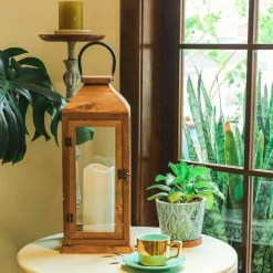 2 Pack 22.5 Inch Farmhouse Wooden Decorative Lanterns with Flameless LED Pillar Candles IP65 Waterproof Large Indoor Outdoor Lanterns for Front Porch Patio Garden Wedding Home Decor