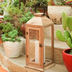 2 Pack 22.5 Inch Farmhouse Wooden Decorative Lanterns with Flameless LED Pillar Candles IP65 Waterproof Large Indoor Outdoor Lanterns for Front Porch Patio Garden Wedding Home Decor