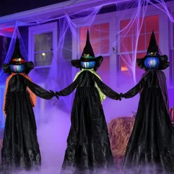 3 Pack 48 Inch Halloween Witch Decorations Outdoor, Light Up Witch Yard Stakes with Color-Changing Faces, Multicolor LED Halloween Props for Lawn Garden Porch Party Decor