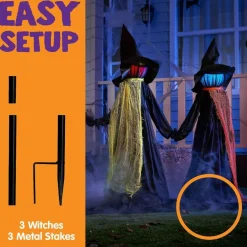 3 Pack 48 Inch Halloween Witch Decorations Outdoor, Light Up Witch Yard Stakes with Color-Changing Faces, Multicolor LED Halloween Props for Lawn Garden Porch Party Decor