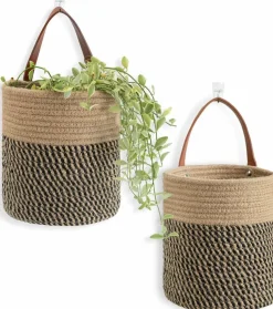 2-Pack Jute Hanging Rope Baskets – Small Boho Woven Wall Planters