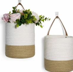 2-Pack Jute Hanging Rope Baskets – Small Boho Woven Wall Planters