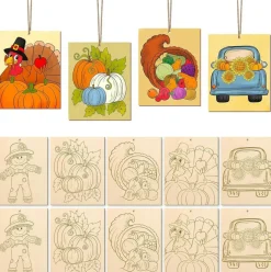 10-Pack Large Unfinished Wooden Thanksgiving Craft Set – Paintable Pumpkin, Scarecrow & Fall Harvest Wooden Ornaments for DIY Home Decor, Hanging Wall & Seasonal Craft Projects