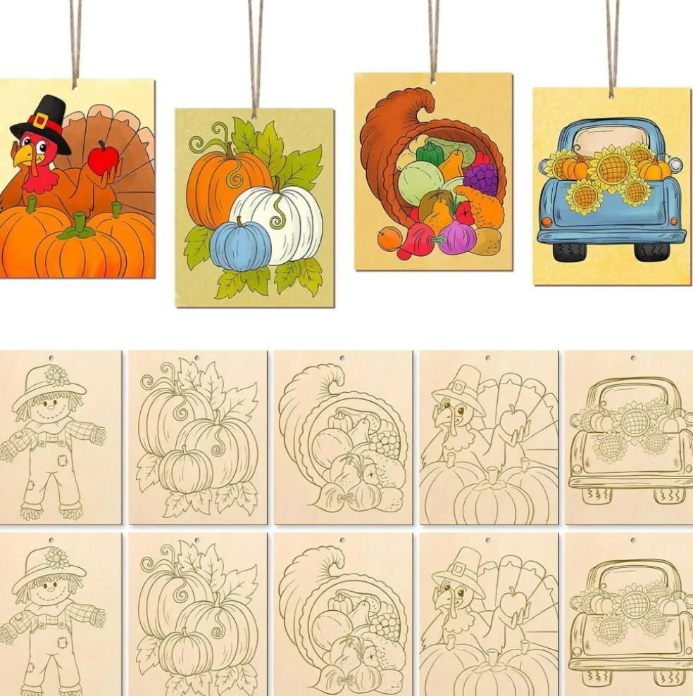 10-Pack Large Unfinished Wooden Thanksgiving Craft Set – Paintable Pumpkin, Scarecrow & Fall Harvest Wooden Ornaments for DIY Home Decor, Hanging Wall & Seasonal Craft Projects