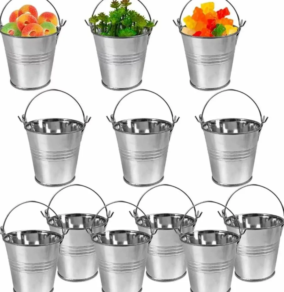 12 Pack Mini Metal Buckets (Silver) 3"L x 3"W x 3"H