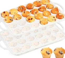 2-Pack Mini Silicone Muffin Pans, 24-Cup Nonstick with Metal Frame & Handles (Cream)