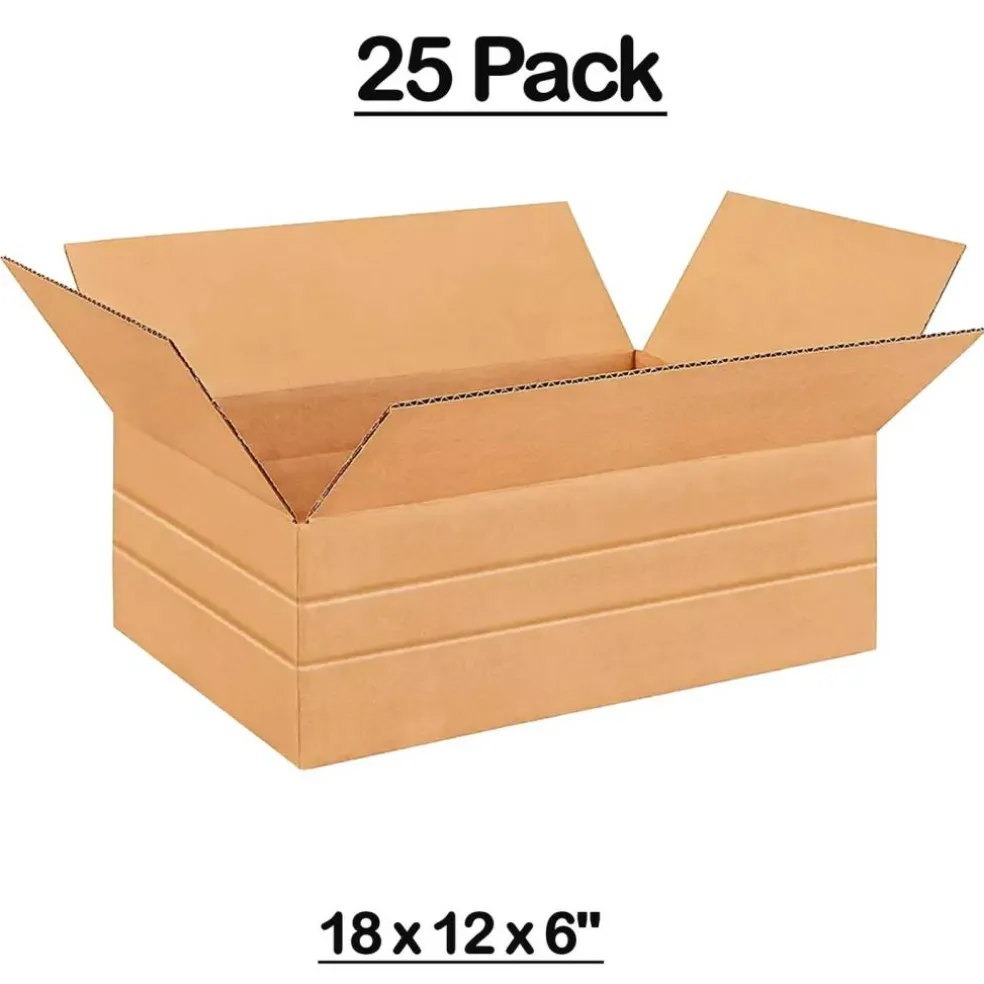 25 Pack Multi Depth Corrugated Shipping Boxes for Packing Mailing and Storage 18 x 12 x 6 inch