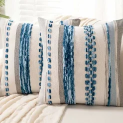 Pack of 2 Sky Blue Chenille Throw Pillow Covers 18 x 18 Inch Farmhouse Striped Decorative Cushion Covers Neutral Accent Pillow Cases for Sofa Couch Bed Living Room