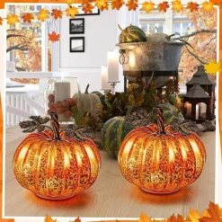 2 Pack Orange Mercury Glass Pumpkin Lights with 6-Hour Timer, LED Lighted Glass Pumpkins for Fall, Halloween & Thanksgiving Table Centerpieces, Battery Operated Home, Mantel & Kitchen Decor