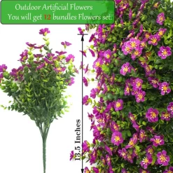 12 Pack Outdoor Artificial Flowers UV Resistant Fade Proof Fake Plants Weatherproof Plastic Flowers for Garden Porch Patio Window Box Cemetery Wedding Decor Magenta