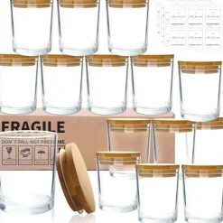 15-Pack 7oz Clear Candle Jars with Bamboo Lids – Thick Glass, Dishwasher Safe, Bulk Set