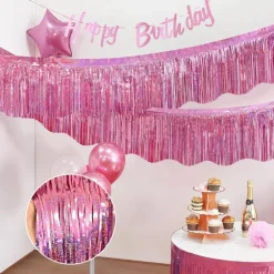 6 Pack Pink Foil Fringe Garland Birthday Party Decorations, 59Ft Metallic Tinsel Streamers Banner, Glitter Photo Booth Prop Table Skirt for Wedding Parade Float Gender Reveal Party Decor
