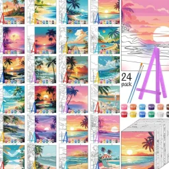 24 Pack Pre-Drawn Canvas Painting Kit with Easels, 7x5 Inch Hawaii & Flower Pre-Printed Canvas Set with Acrylic Paints, Brushes & Supplies for Adult Parties, Beginners, Students & DIY Craft Events
