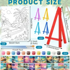 24 Pack Pre-Drawn Canvas Painting Kit with Easels, 7x5 Inch Hawaii & Flower Pre-Printed Canvas Set with Acrylic Paints, Brushes & Supplies for Adult Parties, Beginners, Students & DIY Craft Events