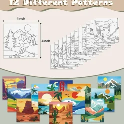 12 Pack Pre-Drawn Landscape Canvas Painting Kit, 4x4 Inch Mini Pre-Printed Outline Canvas Set for Beginners, DIY Paint Party Supplies, Kids & Adults Creative Craft Activity & Party Favors